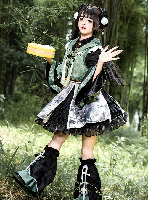 Panda Series Bamboo Ink Painting Green Martial Arts Chinese Style Cute Sweet Lolita Dress Vest Hoodie Leg Sleeves Set