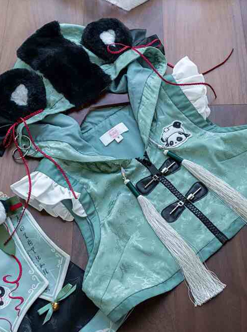 Panda Series Bamboo Ink Painting Green Martial Arts Chinese Style Cute Sweet Lolita Dress Vest Hoodie Leg Sleeves Set