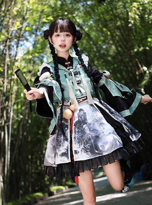 Panda Series Bamboo Ink Painting Green Martial Arts Chinese Style Cute Sweet Lolita Dress Vest Hoodie Leg Sleeves Set