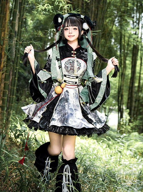 Panda Series Bamboo Ink Painting Green Martial Arts Chinese Style Cute Sweet Lolita Dress Vest Hoodie Leg Sleeves Set