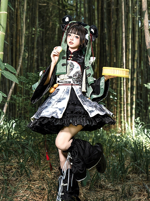 Panda Series Bamboo Ink Painting Green Martial Arts Chinese Style Cute Sweet Lolita Dress Vest Hoodie Leg Sleeves Set