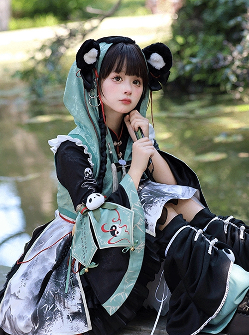 Panda Series Bamboo Ink Painting Green Martial Arts Chinese Style Cute Sweet Lolita Dress Vest Hoodie Leg Sleeves Set