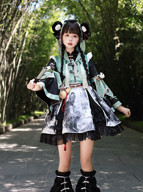 Panda Series Bamboo Ink Painting Green Martial Arts Chinese Style Cute Sweet Lolita Dress Vest Hoodie Leg Sleeves Set