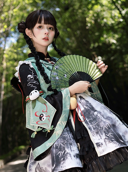 Panda Series Bamboo Ink Painting Green Martial Arts Chinese Style Cute Sweet Lolita Dress Vest Hoodie Leg Sleeves Set