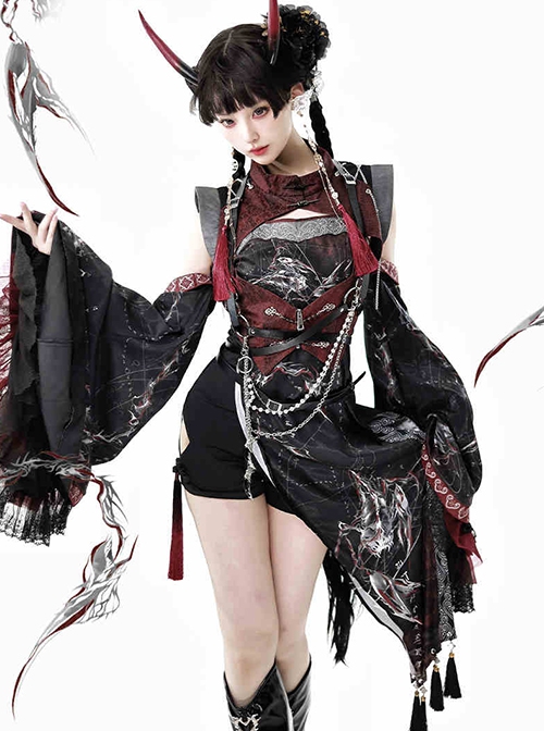 Red Scorpion Series Halloween Chinese Martial Arts Girl Gothic Lolita Vest Suspender Culottes Sleeves Wolf Tooth Belt Chain Set