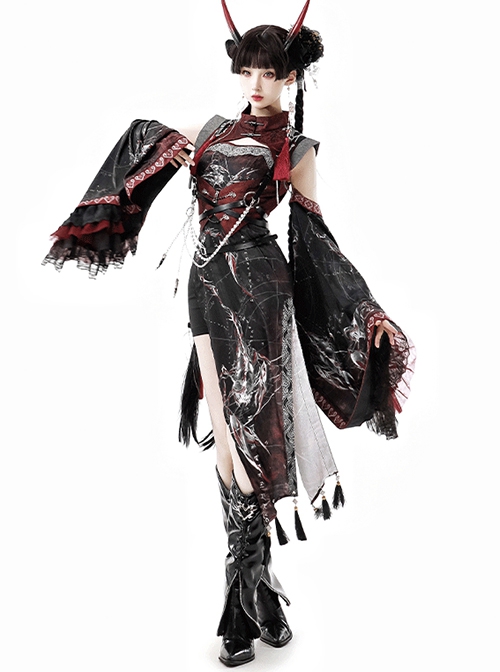 Red Scorpion Series Halloween Chinese Martial Arts Girl Gothic Lolita Vest Suspender Culottes Sleeves Wolf Tooth Belt Chain Set