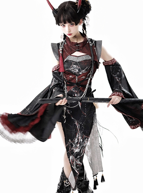 Red Scorpion Series Halloween Chinese Martial Arts Girl Gothic Lolita Vest Suspender Culottes Sleeves Wolf Tooth Belt Chain Set