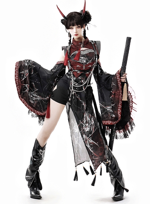 Red Scorpion Series Halloween Chinese Martial Arts Girl Gothic Lolita Vest Suspender Culottes Sleeves Wolf Tooth Belt Chain Set