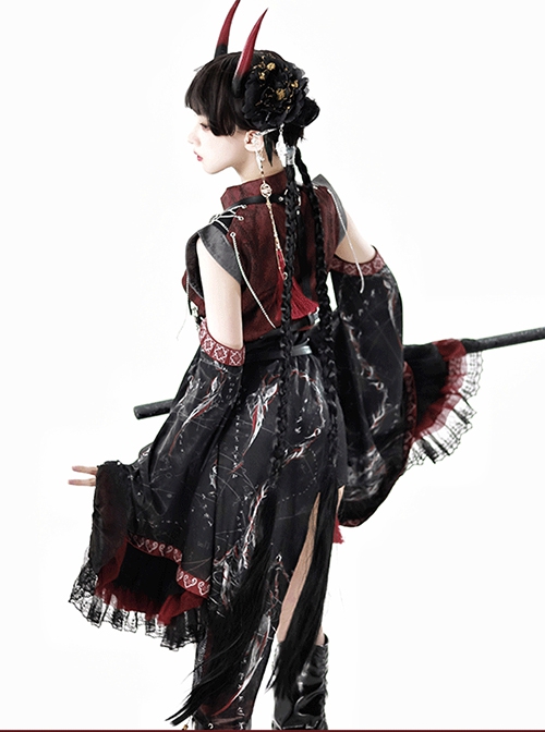 Red Scorpion Series Halloween Chinese Martial Arts Girl Gothic Lolita Vest Suspender Culottes Sleeves Wolf Tooth Belt Chain Set