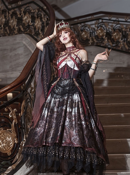 Queen Series Elegant Classical Gorgeous Palace Style Dark Noble Gothic Lolita Dress Waistband Skeleton Pannier Crown Set