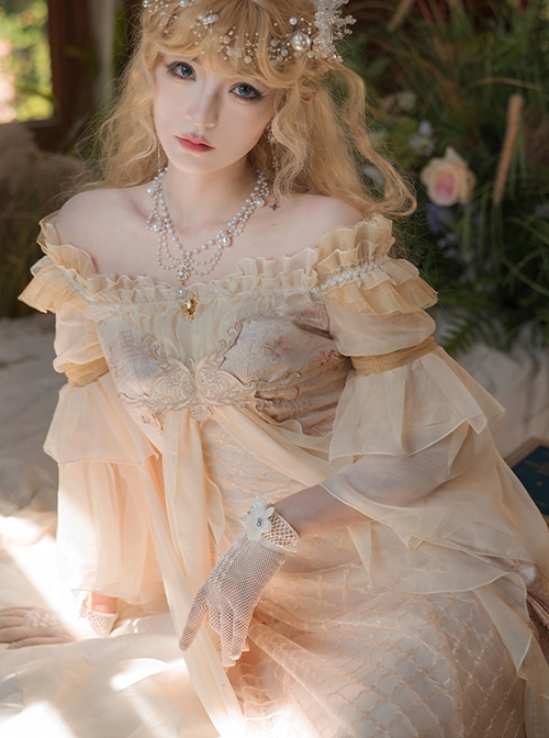 Apricot Checkered Pattern Lace Elegant Fairy Empire Style Classic Lolita High Waist Ruffle Sleeves Dress Pearl Necklace Set