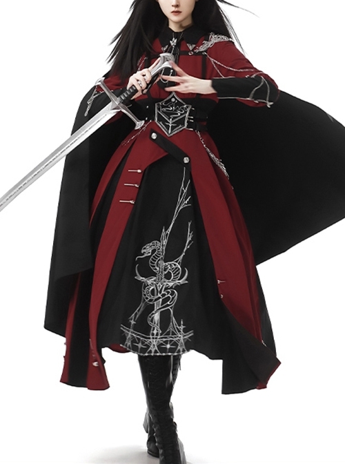 Scarlet Night Knight Series Officer Red Cool Handsome Metal Chain Punk Military Lolita Dress Black Cloak Girdle Set