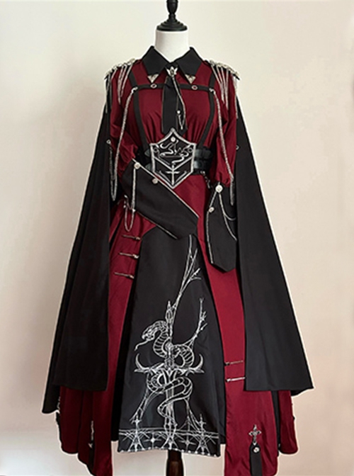 Scarlet Night Knight Series Officer Red Cool Handsome Metal Chain Punk Military Lolita Dress Black Cloak Girdle Set