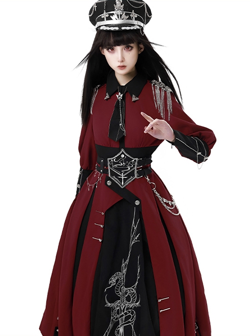 Scarlet Night Knight Series Officer Red Cool Handsome Metal Chain Punk Military Lolita Dress Black Cloak Girdle Set