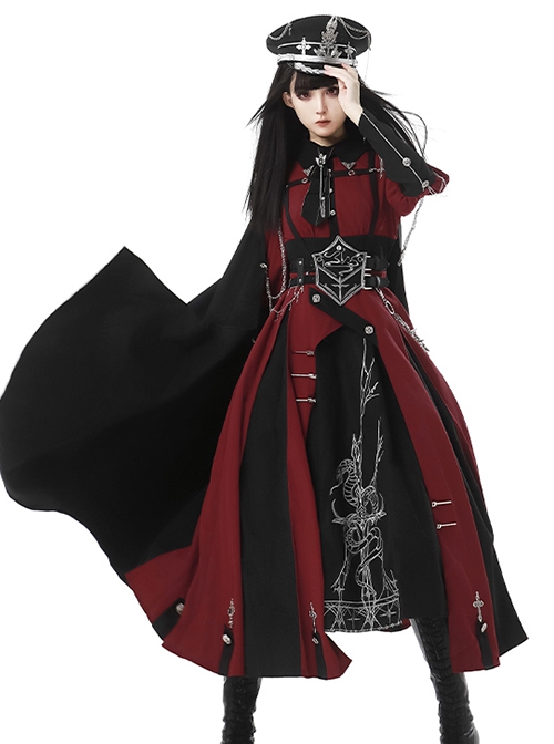 Scarlet Night Knight Series Officer Red Cool Handsome Metal Chain Punk Military Lolita Dress Black Cloak Girdle Set