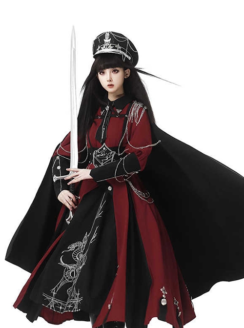 Scarlet Night Knight Series Officer Red Cool Handsome Metal Chain Punk Military Lolita Dress Black Cloak Girdle Set