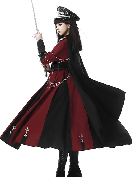 Scarlet Night Knight Series Officer Red Cool Handsome Metal Chain Punk Military Lolita Dress Black Cloak Girdle Set