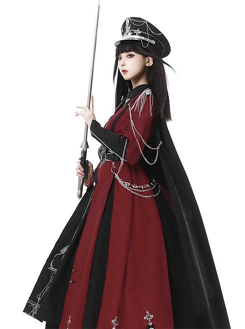 Scarlet Night Knight Series Officer Red Cool Handsome Metal Chain Punk Military Lolita Dress Black Cloak Girdle Set