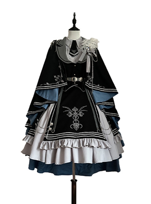 Dark Night Contract Series Blue Black Cool Gothic Military Lolita Vest Shirt Skirt Cloak Feather Badge Set