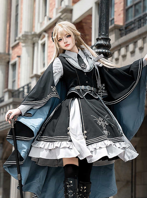 Dark Night Contract Series Blue Black Cool Gothic Military Lolita Vest Shirt Skirt Cloak Feather Badge Set