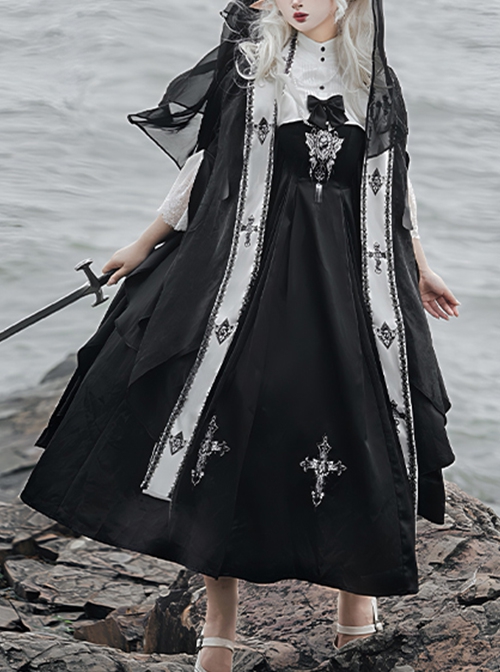 Night Cross Halloween Elegant Black Holy Dark Nun Gothic Lolita Long Dress Cape Hat Turban Necklace Set