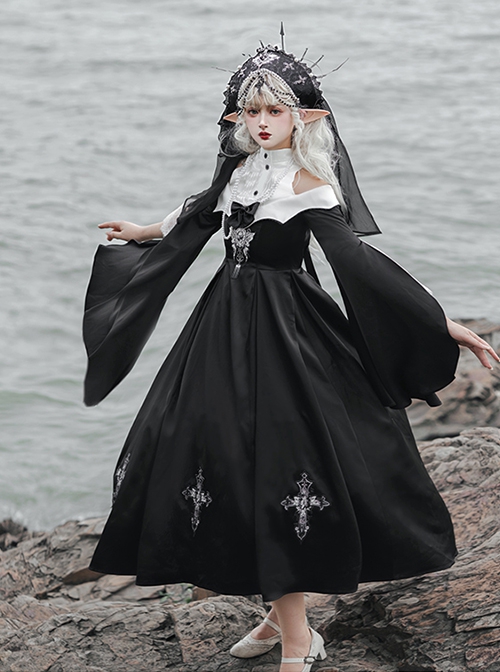 Night Cross Halloween Elegant Black Holy Dark Nun Gothic Lolita Long Dress Cape Hat Turban Necklace Set