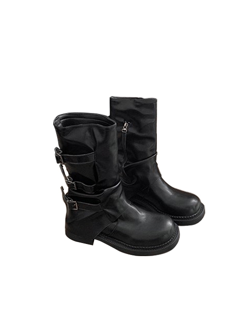 Versatile Handsome Motorcycle Style Gothic Punk Korean Style Mid Tube Round Toe Knight Boots