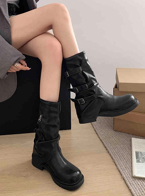 Versatile Handsome Motorcycle Style Gothic Punk Korean Style Mid Tube Round Toe Knight Boots