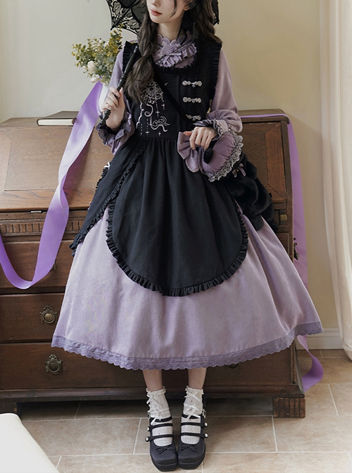 Hidden Fragrance Series Elelgant Chinoiserie Purple Drawstring Petal Collar Classic Lolita Dress Lily Embroidery Apron Set