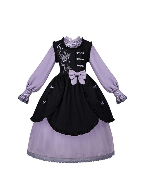 Hidden Fragrance Series Elelgant Chinoiserie Purple Drawstring Petal Collar Classic Lolita Dress Lily Embroidery Apron Set