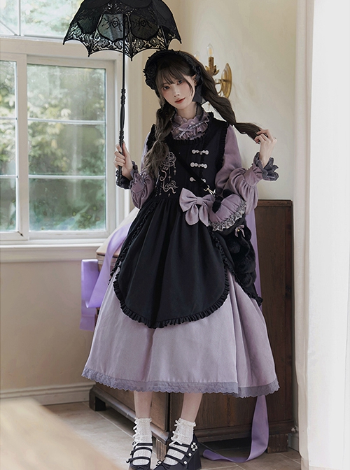 Hidden Fragrance Series Elelgant Chinoiserie Purple Drawstring Petal Collar Classic Lolita Dress Lily Embroidery Apron Set