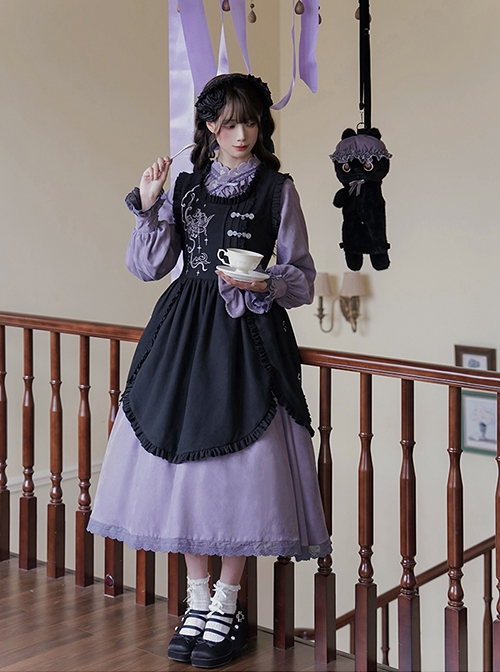 Hidden Fragrance Series Elelgant Chinoiserie Purple Drawstring Petal Collar Classic Lolita Dress Lily Embroidery Apron Set