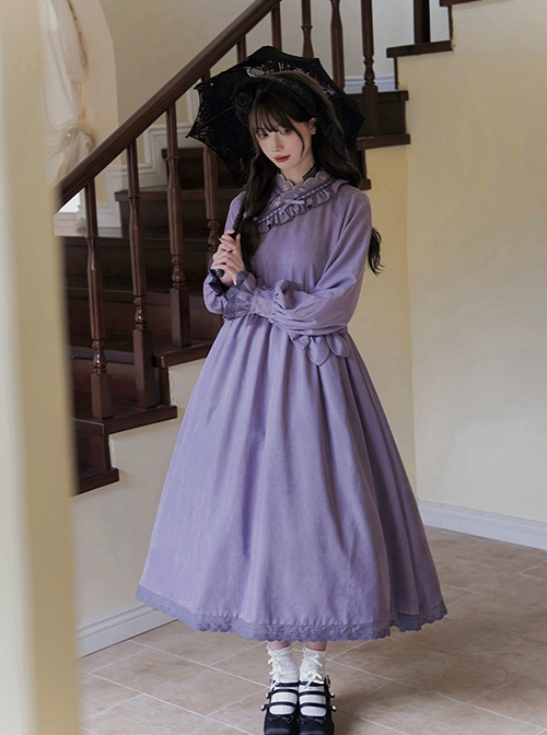 Hidden Fragrance Series Elelgant Chinoiserie Purple Drawstring Petal Collar Classic Lolita Dress Lily Embroidery Apron Set