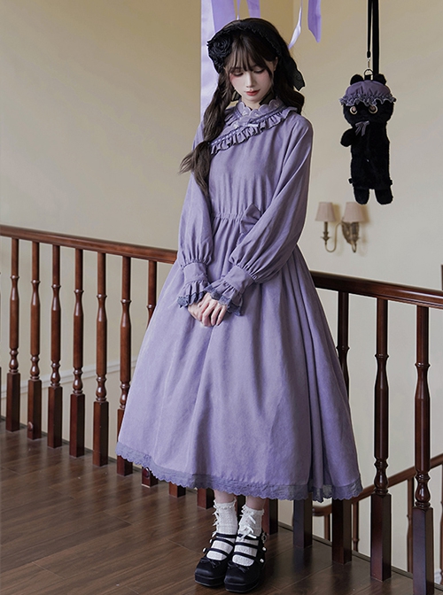 Hidden Fragrance Series Elelgant Chinoiserie Purple Drawstring Petal Collar Classic Lolita Dress Lily Embroidery Apron Set