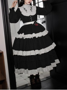 Castle Night Series Spider Web Embroidery Doll Collar Spliced Ruffles Gothic Lolita Lantern Sleeves Dress