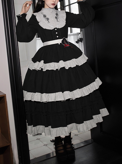 Castle Night Series Spider Web Embroidery Doll Collar Spliced Ruffles Gothic Lolita Lantern Sleeves Dress