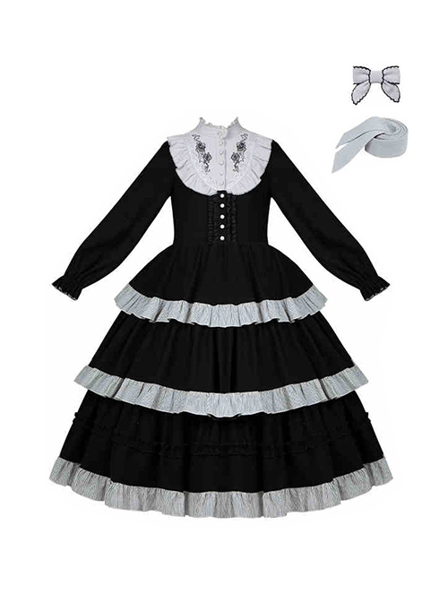 Castle Night Series Spider Web Embroidery Doll Collar Spliced Ruffles Gothic Lolita Lantern Sleeves Dress