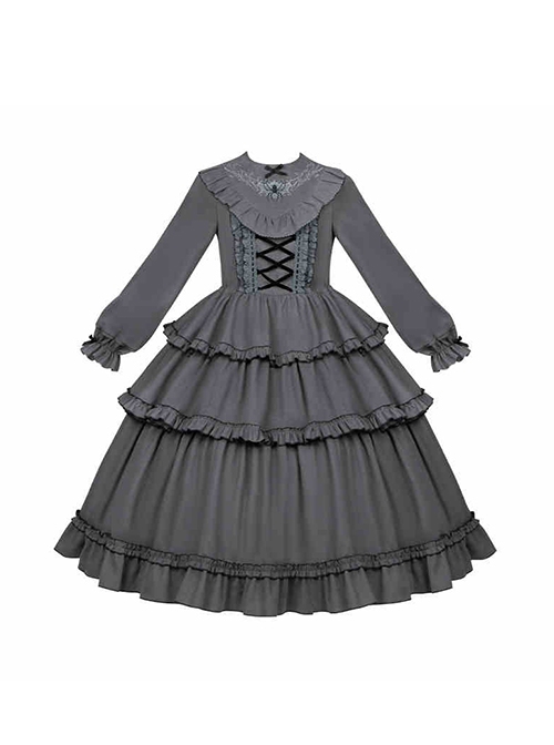 Castle Night Series Spider Web Embroidery Doll Collar Spliced Ruffles Gothic Lolita Lantern Sleeves Dress