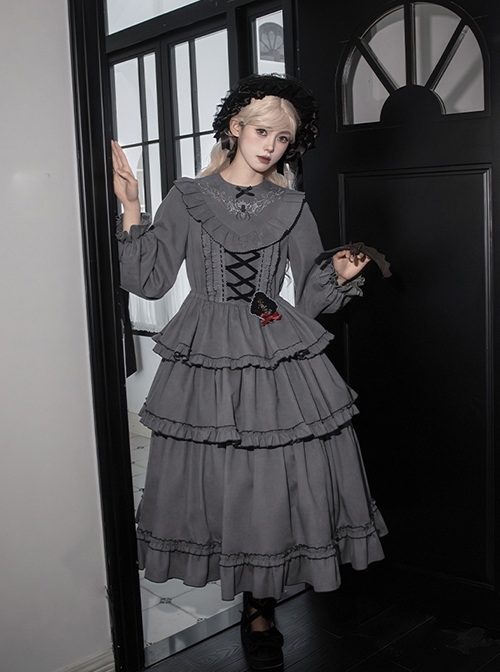 Castle Night Series Spider Web Embroidery Doll Collar Spliced Ruffles Gothic Lolita Lantern Sleeves Dress