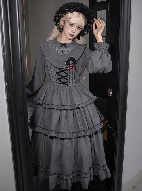 Castle Night Series Spider Web Embroidery Doll Collar Spliced Ruffles Gothic Lolita Lantern Sleeves Dress