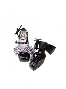 Cute Sanrio Co-Branded Kulomi Black Purple Polka Dot Stripes Bowknot Sweet Lolita High Heels Mary Jane Shoes