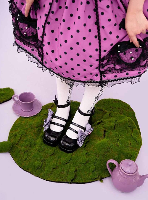 Cute Sanrio Co-Branded Kulomi Black Purple Polka Dot Stripes Bowknot Sweet Lolita High Heels Mary Jane Shoes