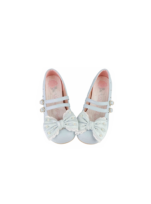 Pearl Sugar Series Elegant Satin Bowknot Pretty Sweet Lolita Double Straps Round Toe PU Flat Shoes