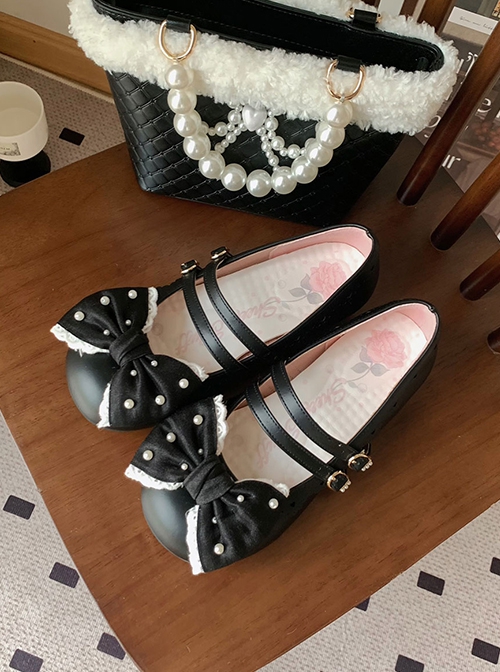 Pearl Sugar Series Elegant Satin Bowknot Pretty Sweet Lolita Double Straps Round Toe PU Flat Shoes