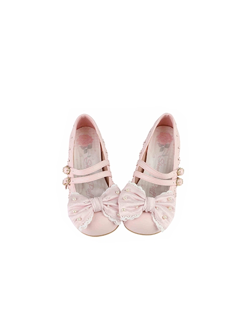 Pearl Sugar Series Elegant Satin Bowknot Pretty Sweet Lolita Double Straps Round Toe PU Flat Shoes