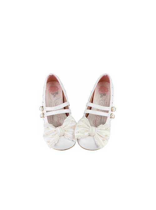 Pearl Sugar Series Elegant Satin Bowknot Pretty Sweet Lolita Double Straps Round Toe PU Flat Shoes