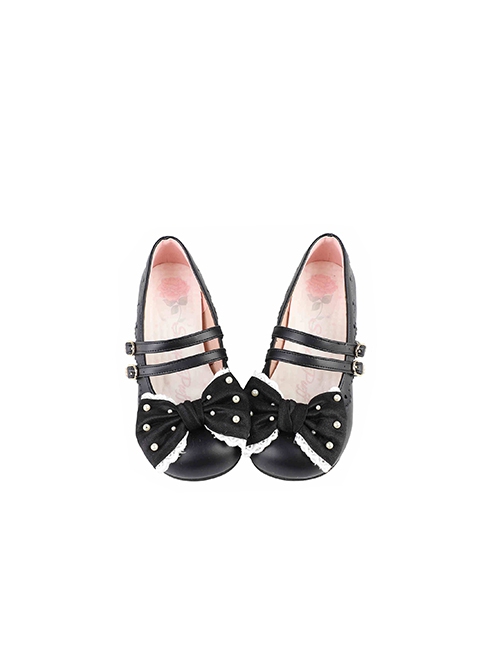 Pearl Sugar Series Elegant Satin Bowknot Pretty Sweet Lolita Double Straps Round Toe PU Flat Shoes