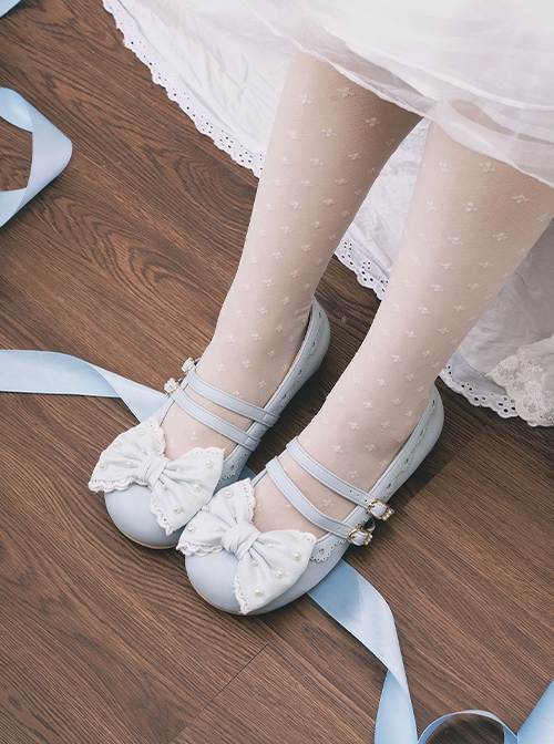 Pearl Sugar Series Elegant Satin Bowknot Pretty Sweet Lolita Double Straps Round Toe PU Flat Shoes