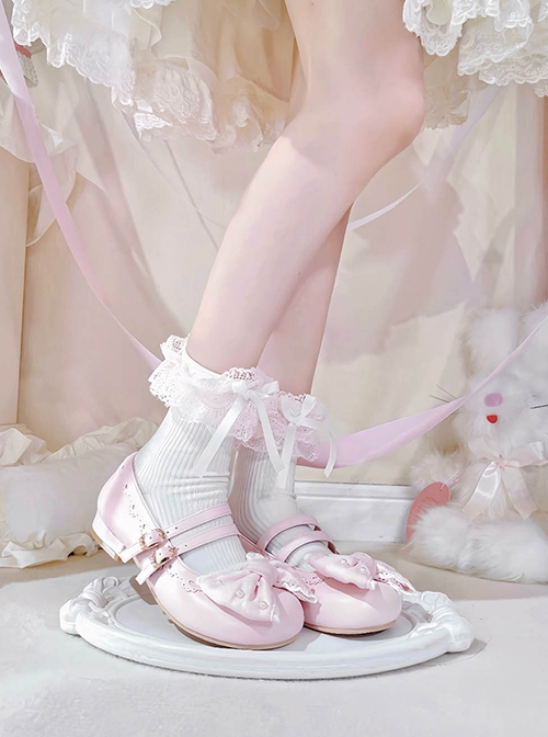 Pearl Sugar Series Elegant Satin Bowknot Pretty Sweet Lolita Double Straps Round Toe PU Flat Shoes