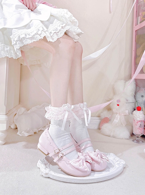 Pearl Sugar Series Elegant Satin Bowknot Pretty Sweet Lolita Double Straps Round Toe PU Flat Shoes